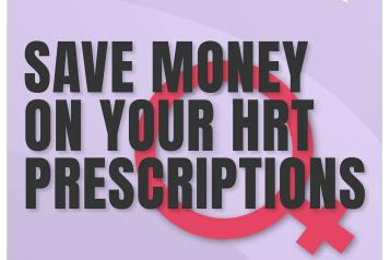 Women's health lets take action and The Department of Health and Social Care logos. Reads Save money on your HRT prescriptions. A red female sign on a lilac background. 
