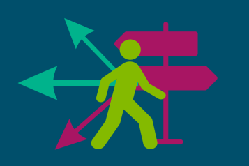 Graphic of a person following sign with arrows pointing in various directions behind them, all in Healthwatch colours. 