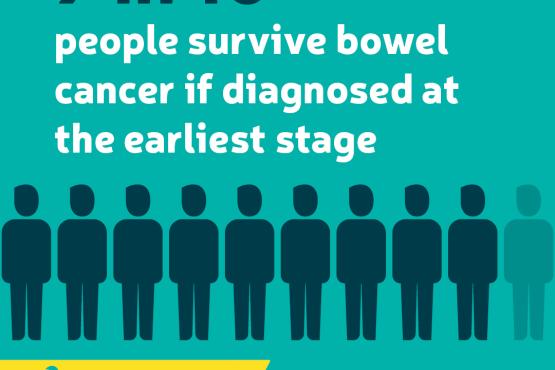 '9 in 10 people surveive bowel cacner if diagnosed at the earliest stage'. In support of Bowel Cancer UK logo. Image of 10 people, 9 are in dark blue and 1 is faded out. .