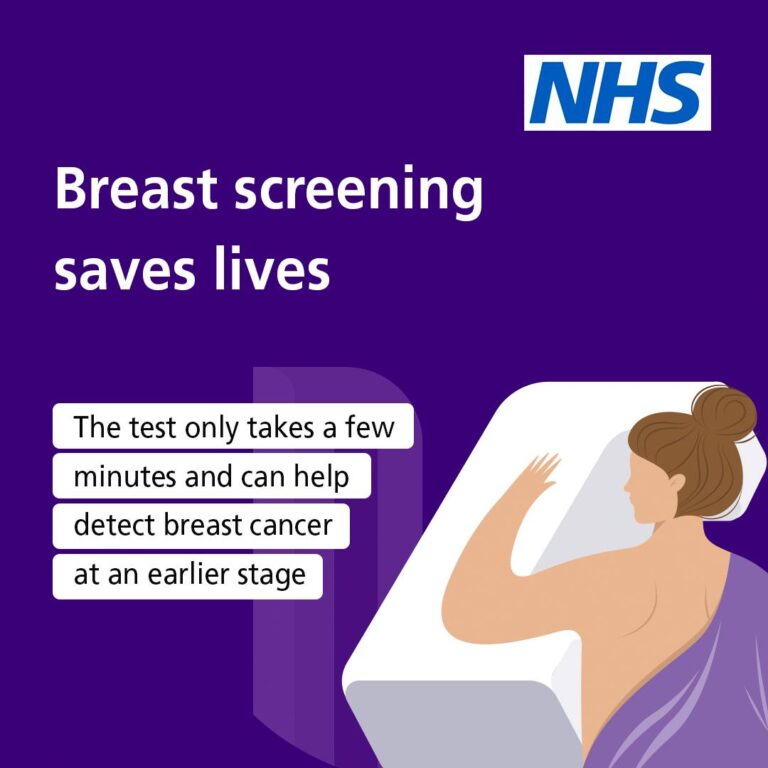 ‘NHS Breast screening saves lives. The test only takes a few minutes and can detect breast cancer at an early stage.’ Graphic of woman getting scanned by a mammogram machine.