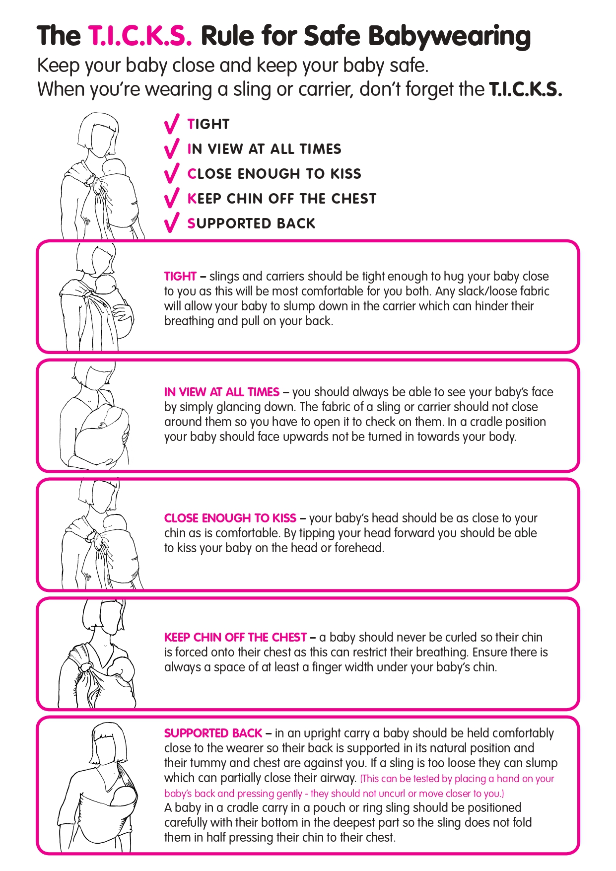 'The T.I.C.K.S. Rule for Safe Babywearing Keep your baby close and keep your baby safe.  When you’re wearing a sling or carrier, don’t forget the T.I.C.K.S. TIGHT IN VIEW AT ALL TIMES CLOSE ENOUGH TO KISS KEEP CHIN OFF THE CHEST SUPPORTED BACK. TIGHT – slings and carriers should be tight enough to hug your baby close  to you as this will be most comfortable for you both. Any slack/loose fabric  will allow your baby to slump down in the carrier which can hinder their  breathing and pull on your back.