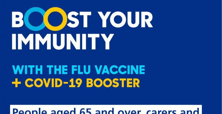 Boost your immunity with the flu vaccine and COVID-19 booster. HM Government and NHS logos. People aged 65 and over, carers and pregnant women can now book their autumn COVID-19 booster. 