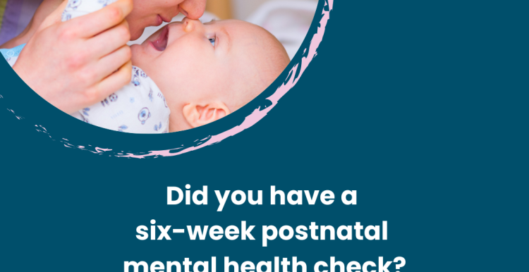 Image of a Mum and her baby. Below are the words ‘Did you have a six-week postnatal mental helath check? #MaternalMHMatters'