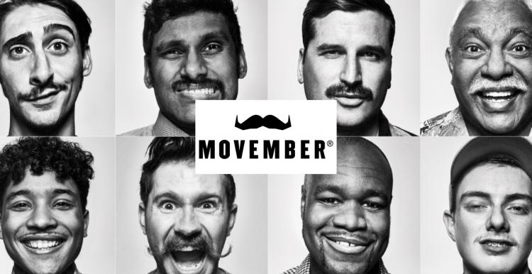 Movember with moustache image. Different men with moustaches smile.  