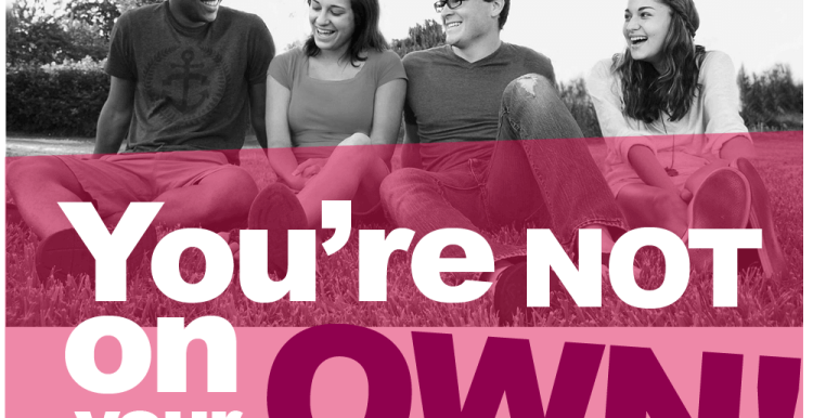 four people sitting on grass. Text in front of image reads, You’re NOT on your OWN!