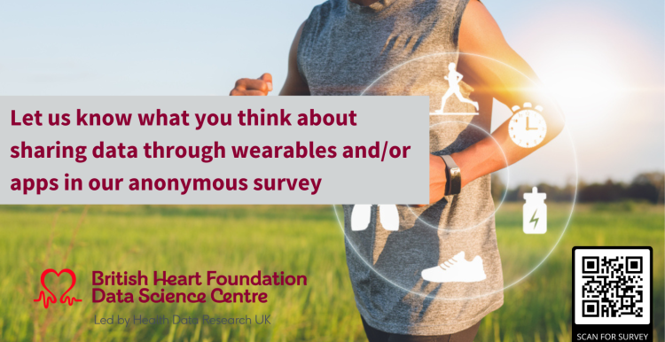 man wearing a smartwatch running in a field. Text reads, ‘Let us know what you think about sharing data through wearables and/or apps in our anonymous survey'