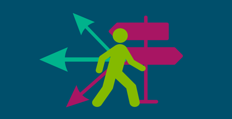 Graphic of a person following sign with arrows pointing in various directions behind them, all in Healthwatch colours. 