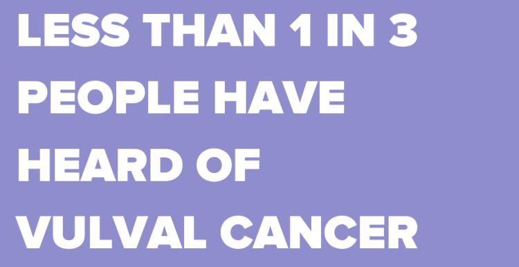 White text on a lilac background. Text reads, 'Less than 1 in 3 people have heard of vulval cancer.'