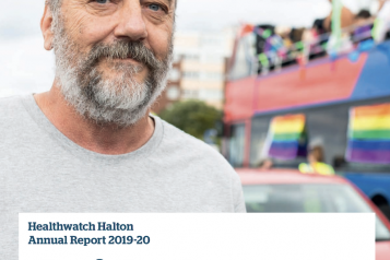 Annual report cover page - Man standing in front of bus covered in rainbow flags