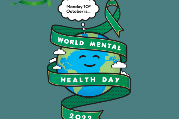 Mental Health Foundation. World mental Health Day logo, a smiling globe with a green ribbon wrapped round. a thinking bubble displays Monday 10th October is. #PinItForMentalHealth mentalhealth.org.uk/ribbon