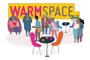 cartoon image of a group of people in a community centre. Table and chairs in the foreground. Sign wirth the words, ‘Warm Space’ in the background.