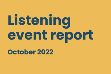Report cover. orange background with blue curved line. Healthwatch Halton Listening Event Report. October 2022. St Helens & Knowsley NHS Trust