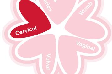 Gynae cancer types written on five hearts, in a flower shape. Ovaries, womb, vulval, vaginal and cervical. Cervical is highlighted in red. 