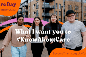 Care day 17 February 2023. What I want you to #KnowAboutCare BecomeCharity.org.uk/CareDay An image of four young people linking arms outdoors. Pink and orange arches can be seen in the background. 