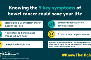 infographic from Bowel Cancer UK on knowing the 5 key symptoms of bowel cancer that could svae your life