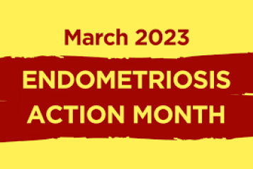 Endometriosis Action Month March 2023. Yellow and red writing and backgrounds. 