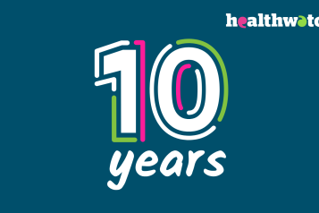 Blue background. Healthwatch logo, 10 years