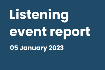 Dark blue background, white text. Listening event report, 05 January 2023, Warrington Hospital