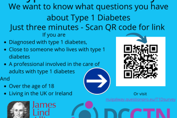 Type 1 diabetes survey. We want to know what questions you have about Type 1 Diabetes just three minutes. Scan QR code for link. If you are diagnosed with type 1 diabetes. A professional involved in the care of adults with type 1 diabetes and over the age of 18. Living in Uk and Ireland. DCCTN and James Lind Allinace logos. An arrow points to a QR code. The link is nuigalway.questionpro.eu/T1Dsurvey   