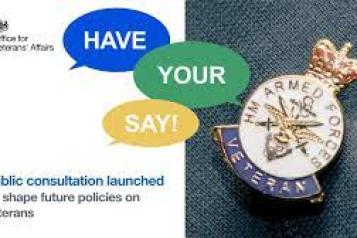 'Have your say. Public consultation launched. To shape future policies on veterans.' Office for Veterans Affairs logo. HW Armed forces veteran pin badge image. 