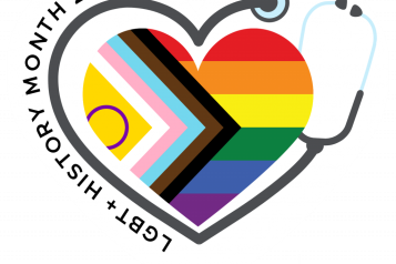 'LGBT+ History Month 2024' Image of a Pride heart wrapped in a stethoscope' 