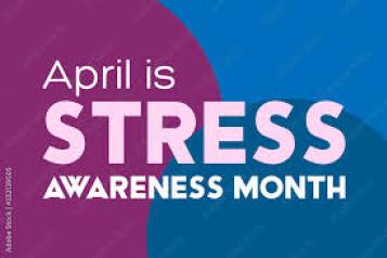 'April Stress Awareness Month' in blue and purple colours. 