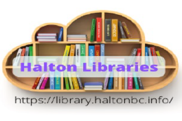 image of bookshelves in the shape of a cloud. Text reads, 'Halton Libraries'.