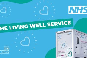 'The Living Well Service. NS. Hosted by NHS Cheshire and Wirral Partnership NHS Foundation Trust.' Living Well white bus. 