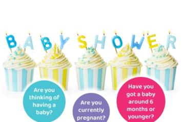 'Baby Shower. Are you thinking of having a baby? Are you currently pregnant? Have you got a baby around 6 months or younger?' Cakes and candles. 