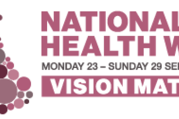 On the left is a graphic of the United Kingdom made up from different sized coloured circles. On the right text reads, 'National Eye Health Week. Monday 23 to Sunday 29 September 2024. Vision Matters'