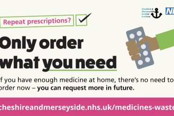 Public health graphic by the NHS encouraging patients to only order necessary repeat prescriptions. It reads: 'Repeat prescriptions? Only order what you need. If you have enough medicine at home, there’s no need to order now – you can request more in future.' A hand is holding a blister pack of pills. Website link: cheshireandmerseyside.nhs.uk/medicines-waste.