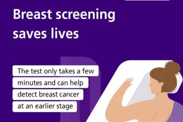 ‘NHS Breast screening saves lives. The test only takes a few minutes and can detect breast cancer at an early stage.’ Graphic of woman getting scanned by a mammogram machine.