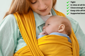 A mother wearing a yellow baby sling while cradling her infant, ensuring proper babywearing safety with key points listed: tight, in view at all times, close enough to kiss, keeping the chin off the chest, and supporting the baby's back. The baby is nestled comfortably against the mother, looking peaceful and secure.