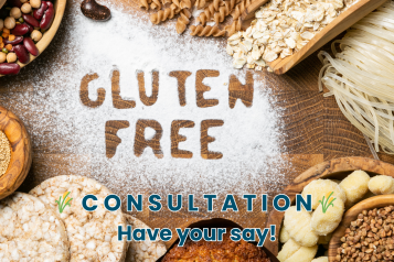 'Gluten Free Consultation. Have your Say.' Images of bread and grains. 