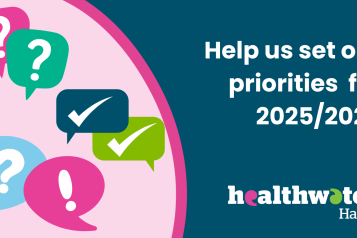 A digital graphic design features a dark blue background on the right side with white text reading, "Help us set our priorities for 2025/2026." Below this text is the "Healthwatch Halton" logo in white, pink, and green. On the left side, there is a pink background with a curved dark blue and pink border separating it from the right side. Various speech bubbles in shades of pink, green, blue, and dark blue contain question marks, exclamation marks, and checkmarks.