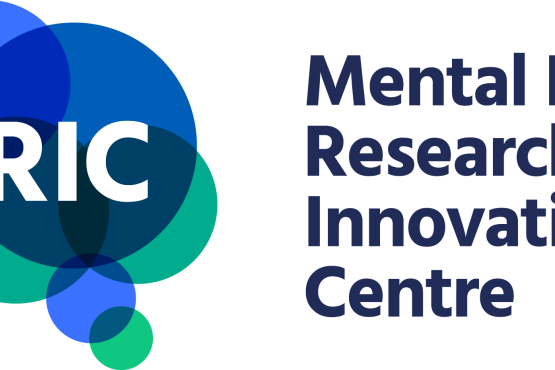 Mental Health Research for Innovation Centre logo which consists of a number of transparent blue and green circles with the letters M-RIC in white inside the largest circle. Text to the right reads, Mental Health Research for Innovation Centre. 