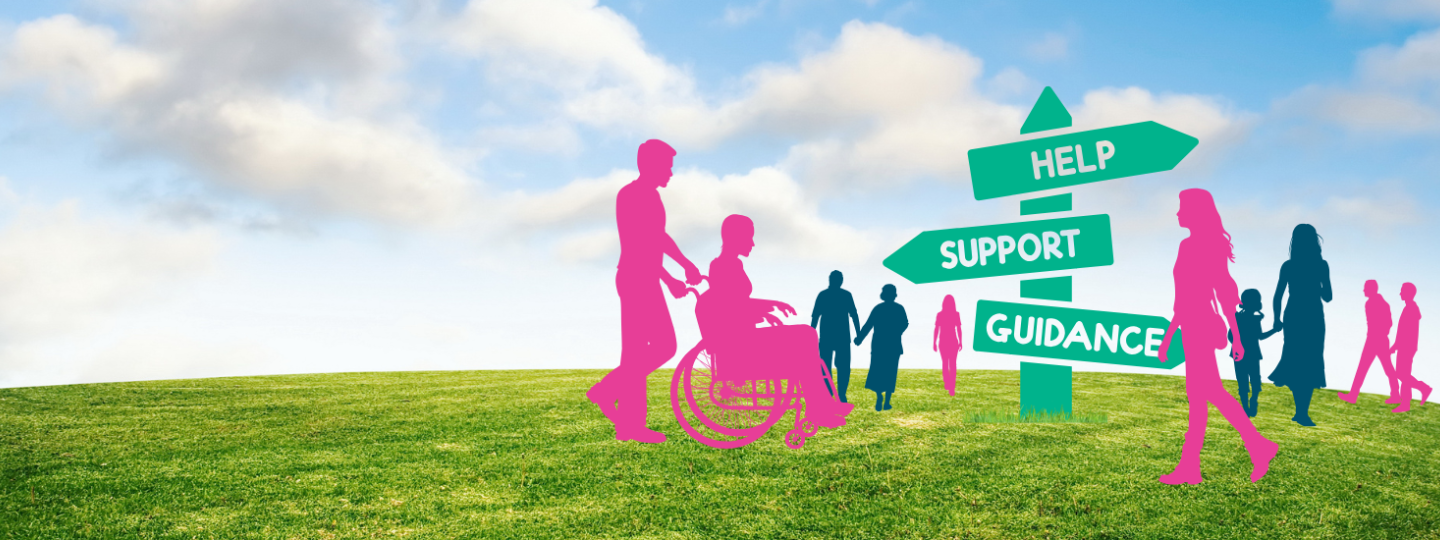 A green field with blue sky and clouds behind. A green signpost with text, 'Help, Support, Guidance'. There are graphic icons of people walking near the signpost.